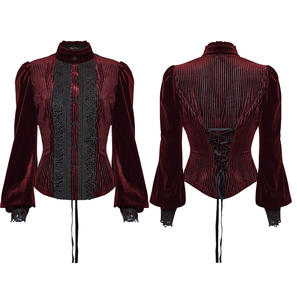 Elegant Gothic Velvet Shirt with Lace and Rose Detailing, featuring puffed sleeves and a lace-up back detail.