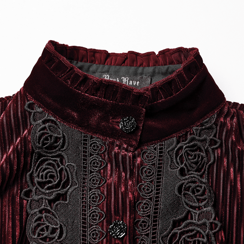 Elegant Gothic Velvet Shirt with Lace and Rose Detailing collar with rose embroidery and detailed buttons