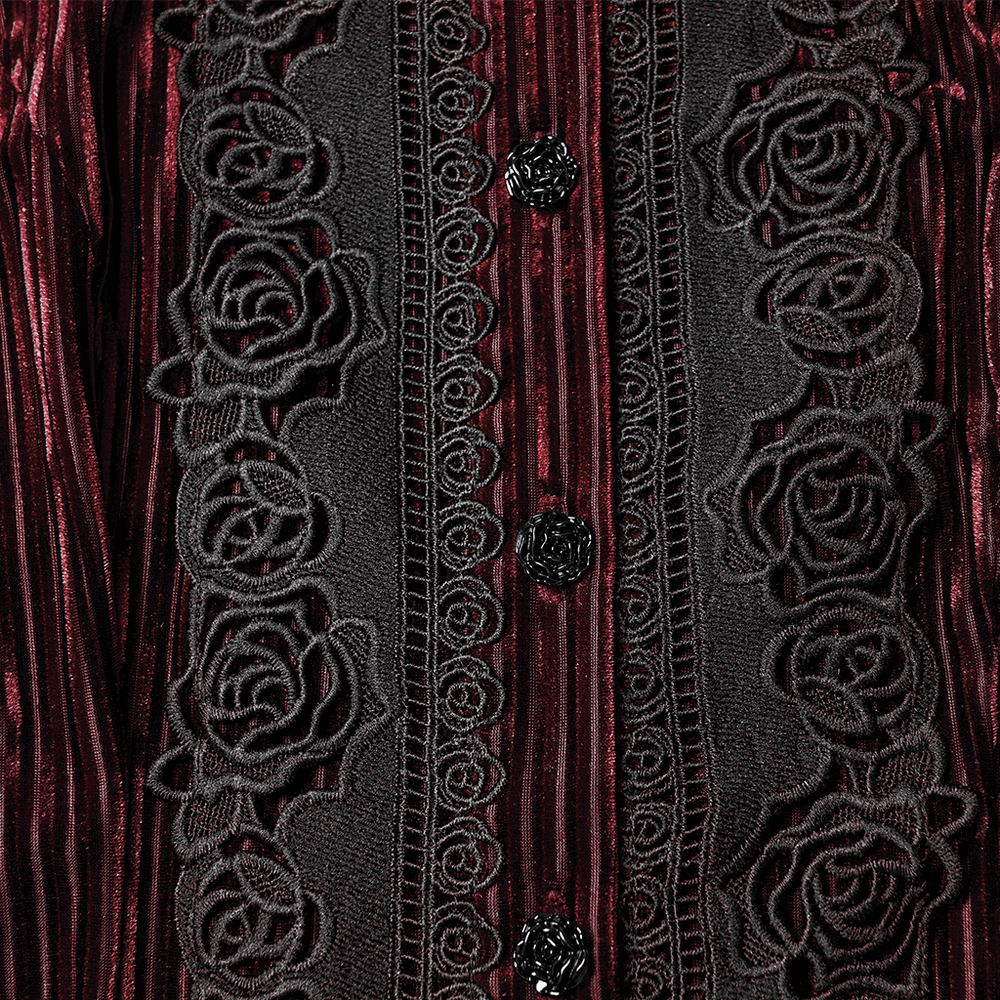 Elegant Gothic Velvet Shirt with Lace and Rose Detailing featuring intricate rose embroidery and elegant button closure