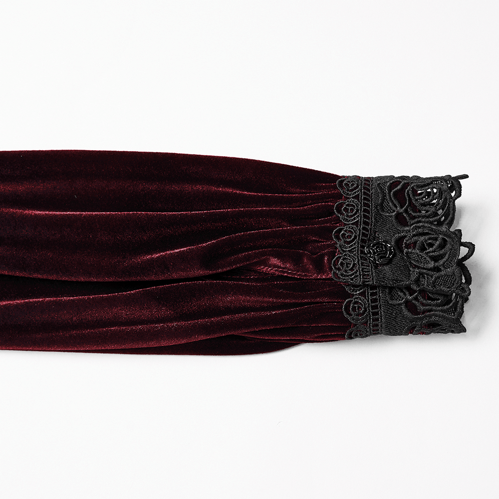 Elegant Gothic Velvet Shirt with Lace and Rose Detailing sleeve featuring intricate lace and rose embroidery.