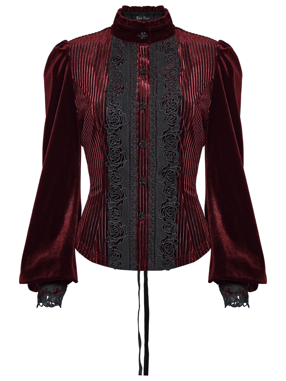 Elegant Gothic Velvet Shirt with Lace and Rose Detailing featuring rich burgundy color and intricate rose embroidery.