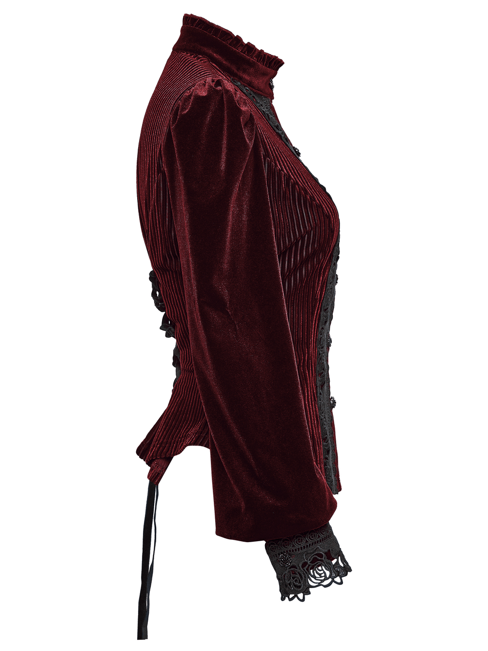 Elegant Gothic Velvet Shirt with Lace and Rose Detailing side view with puffed sleeves and lace-up back.