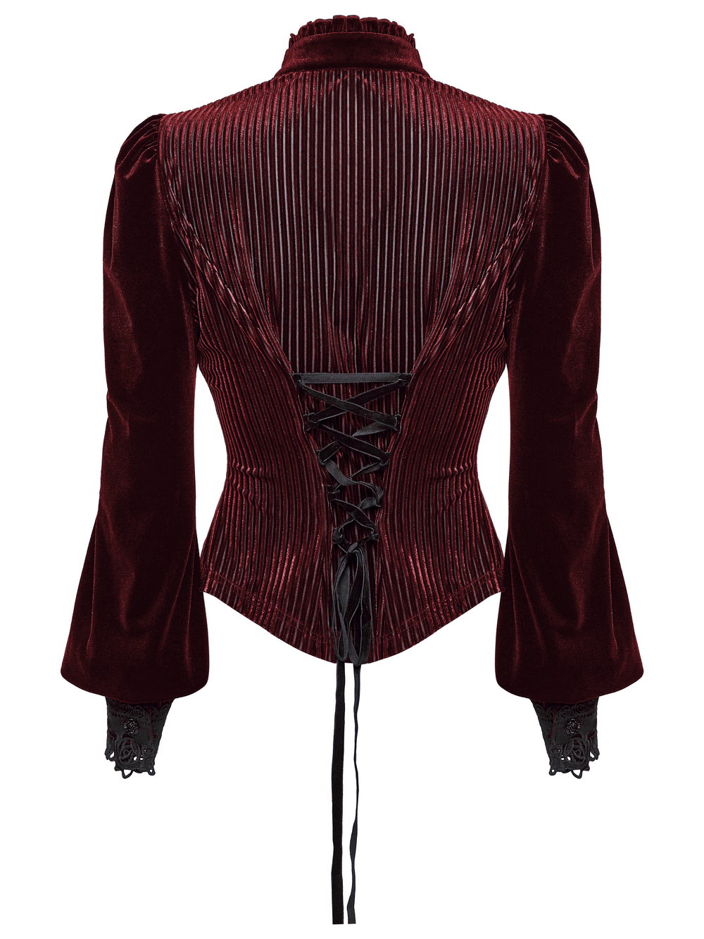 Elegant Gothic Velvet Shirt with Lace and Rose Detailing, featuring lace-up back and Victorian puffed sleeves.