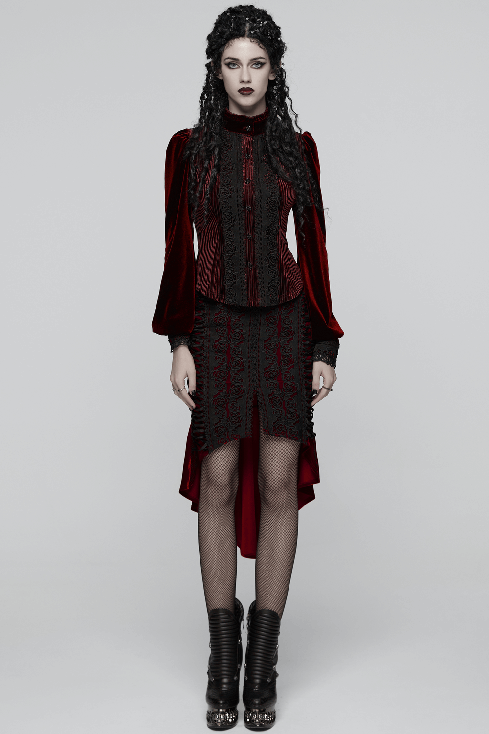 Elegant Gothic Velvet Shirt with Lace and Rose Detailing worn with a dramatic skirt and striking accessories.