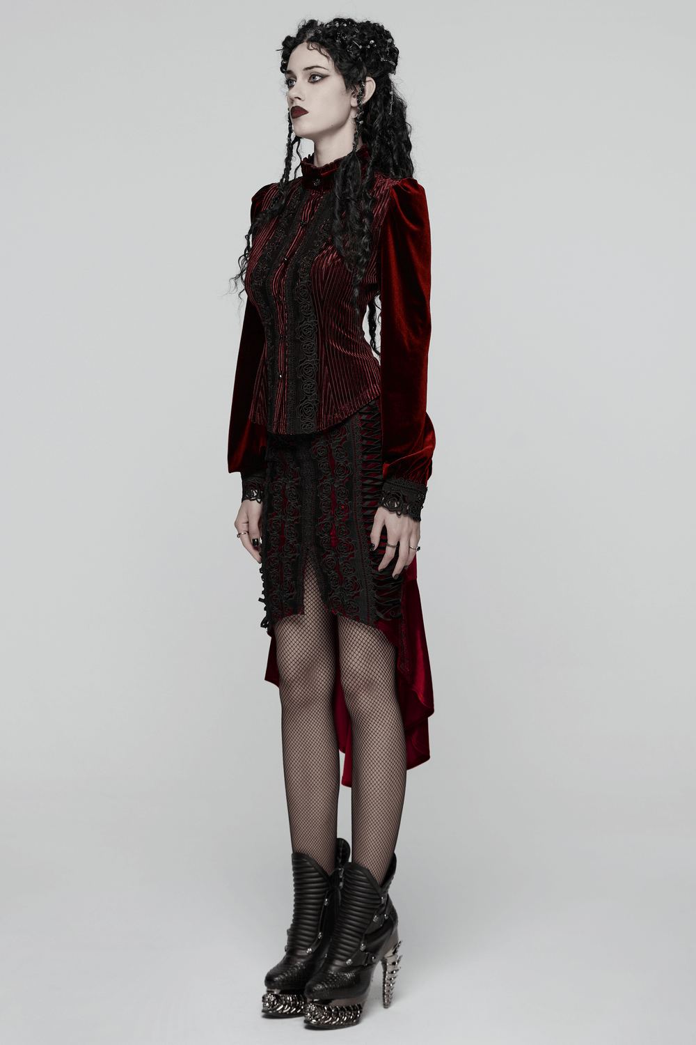 Elegant Gothic Velvet Shirt with Lace and Rose Detailing worn by a model with dramatic styling and vintage flair.