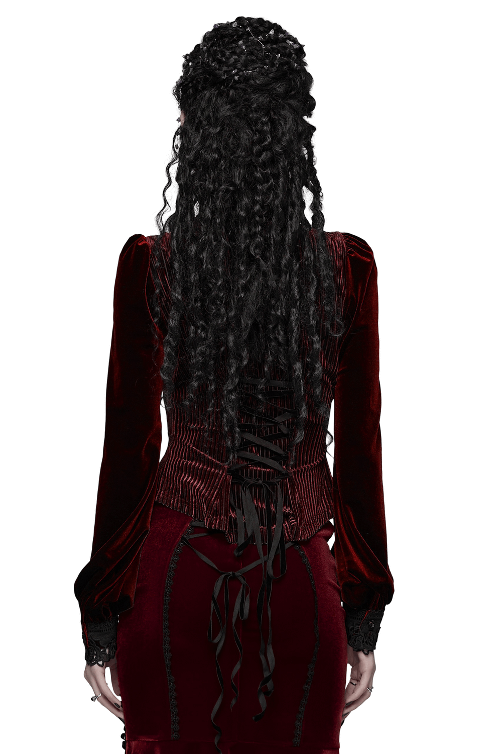 Elegant Gothic Velvet Shirt with Lace and Rose Detailing, back view highlighting lace-up design and puffed sleeves.