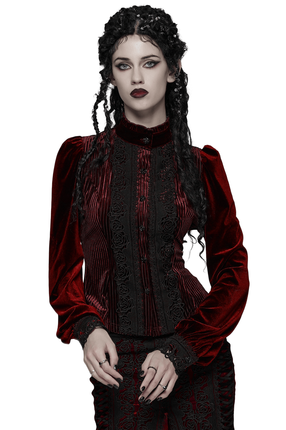 Elegant Gothic Velvet Shirt with Lace and Rose Detailing in deep red velvet, showcasing intricate lace and rose embroidery.