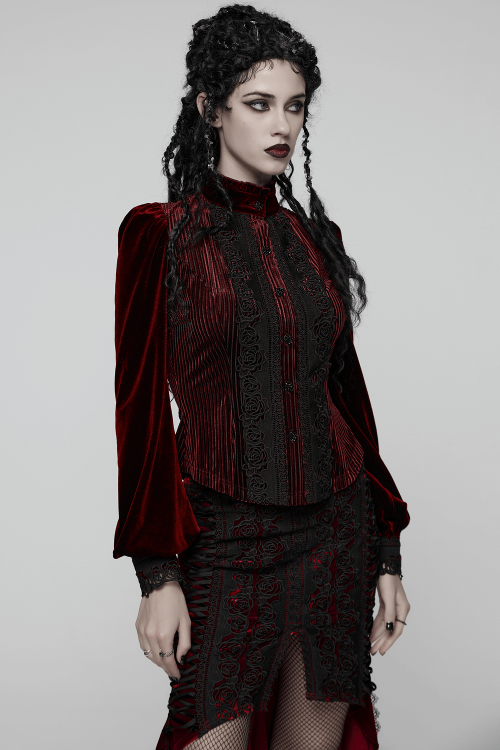 Elegant Gothic Velvet Shirt with Lace and Rose Detailing worn by a model with a gothic aesthetic.