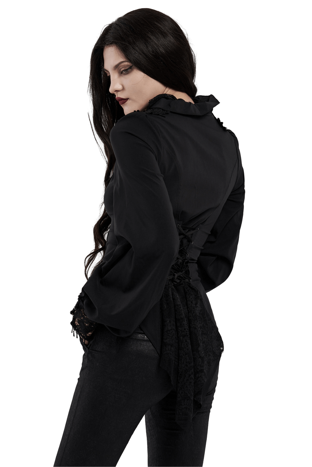 Elegant Gothic Victorian blouse with lace sleeves and corset back, showcasing an alluring silhouette and dramatic tail hem.