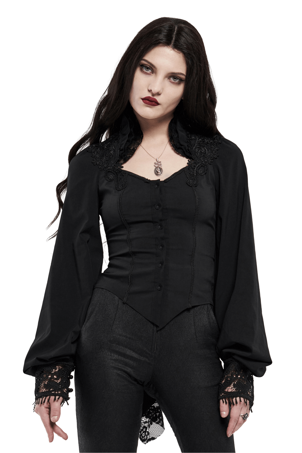 Elegant Gothic Victorian blouse with lace sleeves and corset back, perfect for steampunk style.