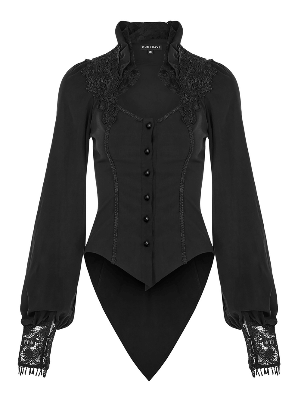 Elegant Gothic Victorian blouse with lace sleeves and corset back for a dramatic silhouette.