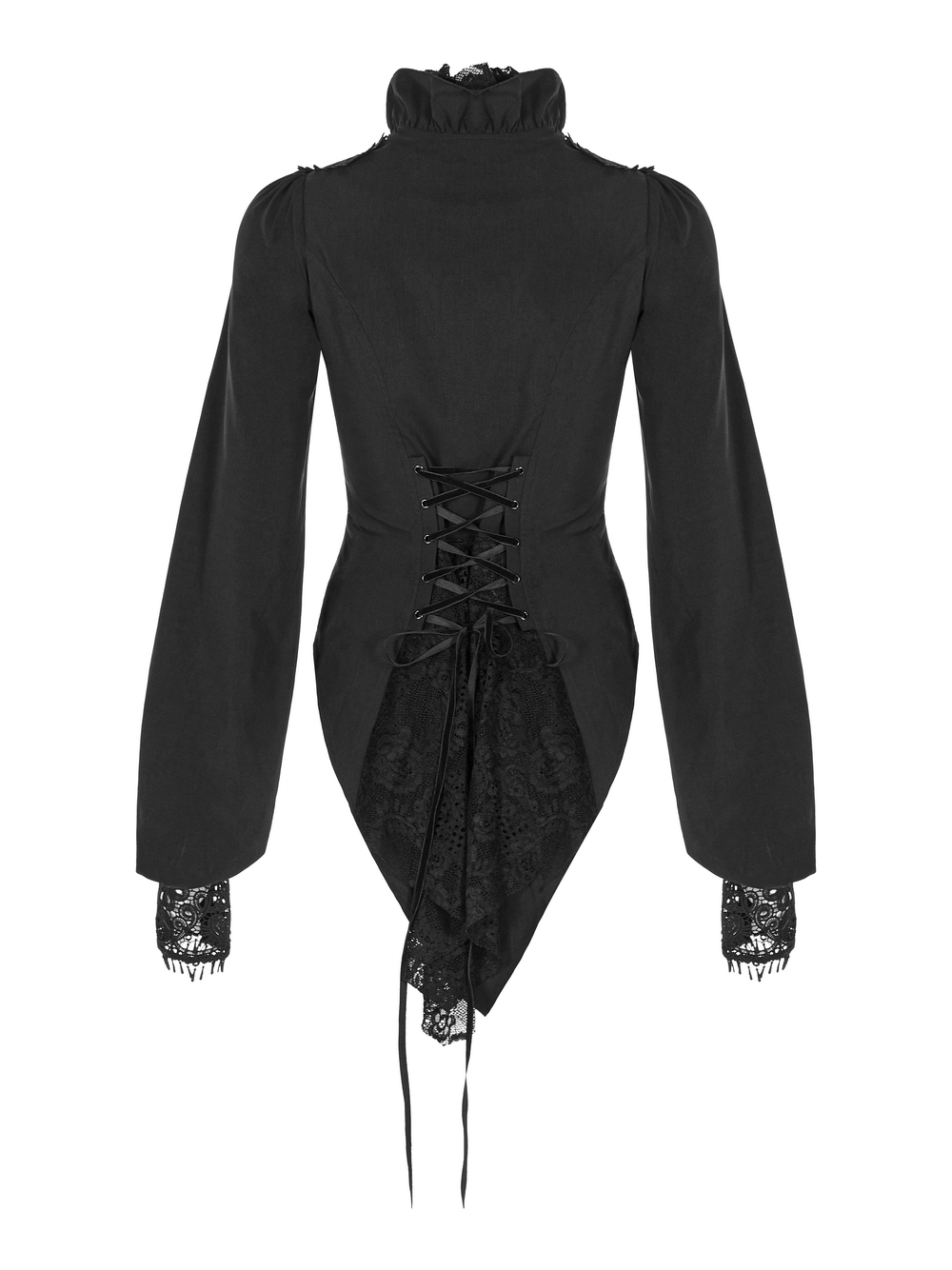 Elegant Gothic Victorian blouse with lace cuffs and corset back for a flattering fit, showcasing a sophisticated tail hem.