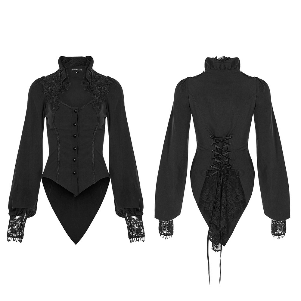 Elegant Gothic Victorian blouse with lace sleeves and corset back, showcasing a dramatic tail hem and flattering fit.