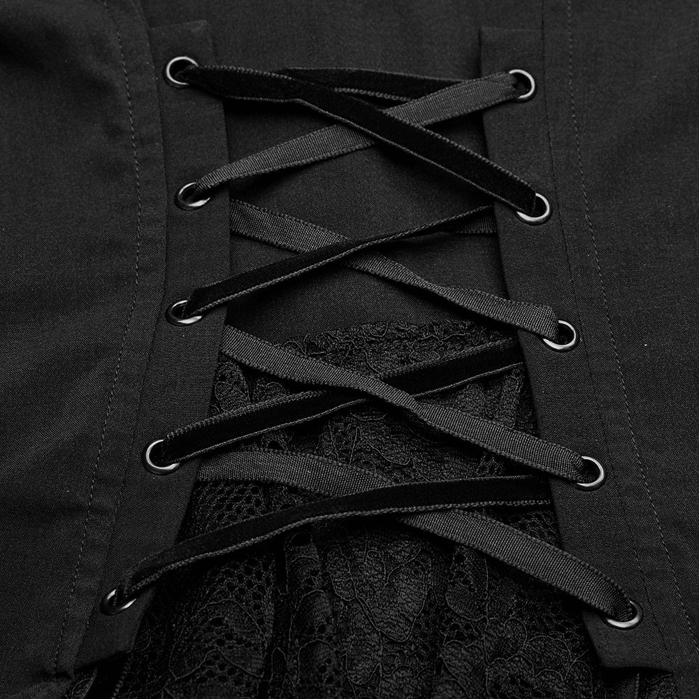 Close-up of corset lacing detail on an Elegant Gothic Victorian blouse with lace accents.