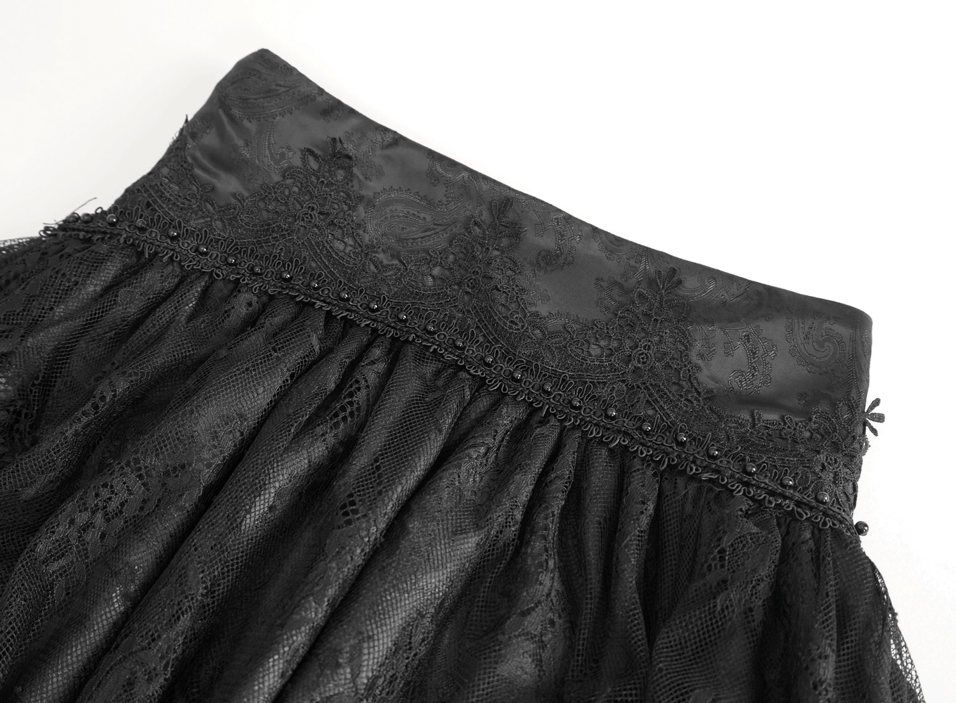 Elegant Gothic Victorian skirt showcasing intricate lace and ruffles for a vintage Gothic style look.