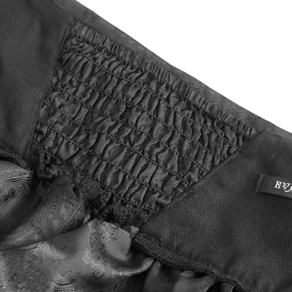 Close-up of the adjustable back and intricate lace design of an Elegant Gothic Victorian skirt.