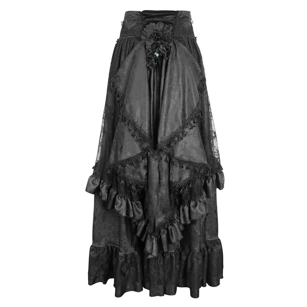 Elegant Gothic Victorian lace skirt featuring dramatic ruffles and floral details for a vintage style.