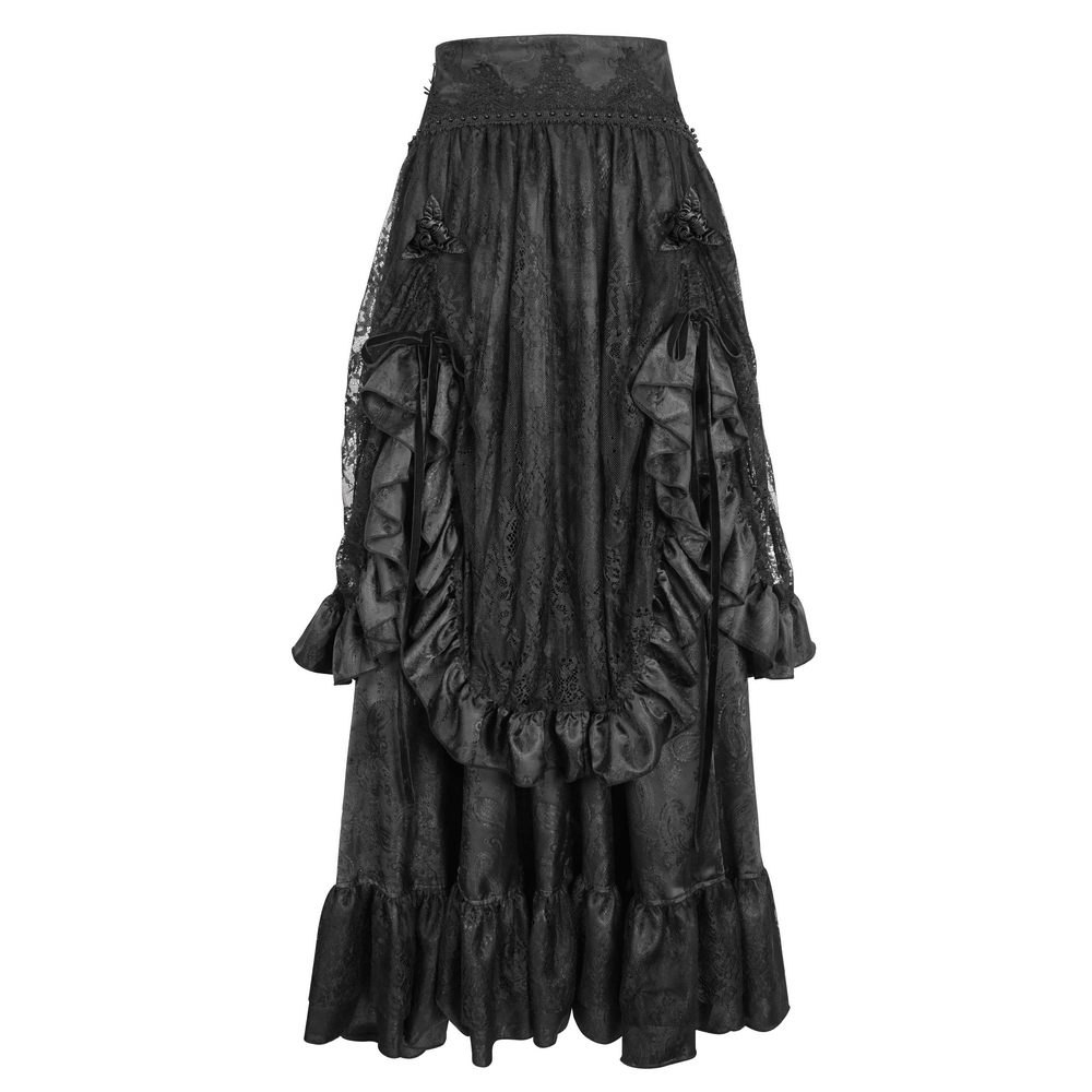 Elegant Gothic Victorian lace skirt with dramatic ruffles and floral details, perfect for a vintage gothic look.
