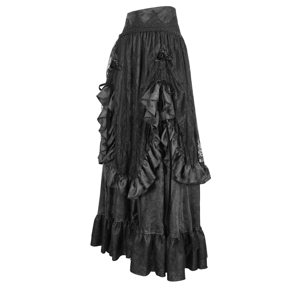 Elegant Gothic Victorian lace skirt with dramatic ruffles and floral details for vintage style.