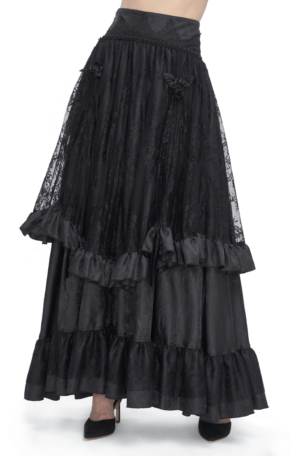 Elegant Gothic Victorian lace skirt with ruffles, featuring floral details and a flattering high waist.