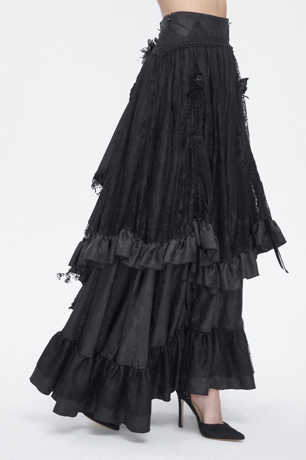 Elegant Gothic Victorian lace skirt with ruffles, featuring floral details and a dramatic layered design.
