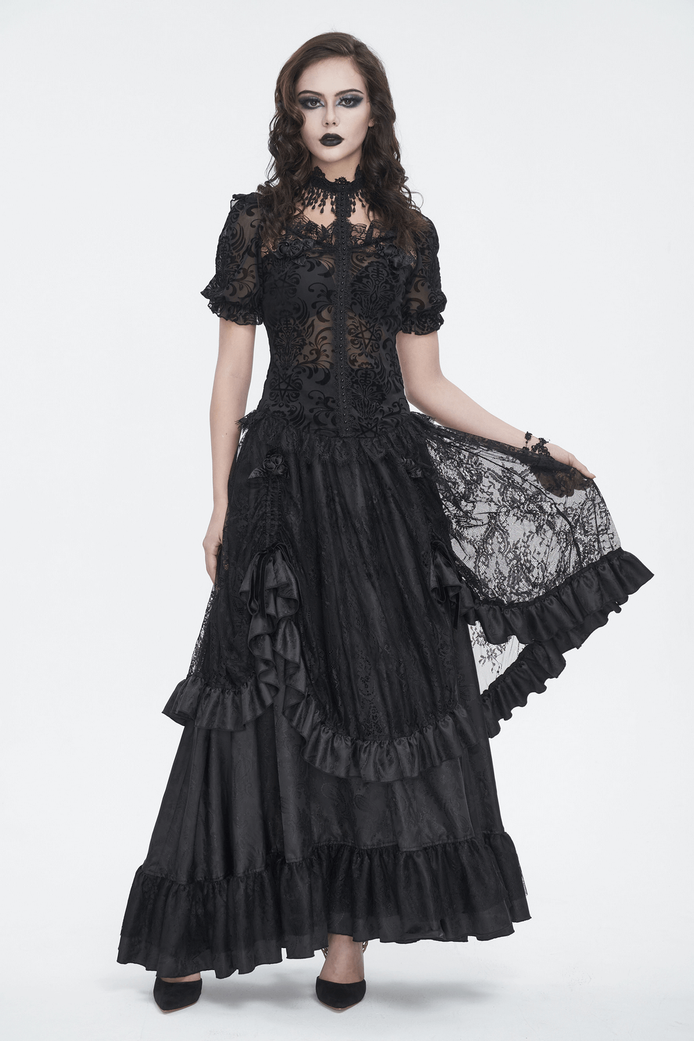 Elegant Gothic Victorian lace skirt with ruffles, featuring intricate floral details and a romantic layered design.