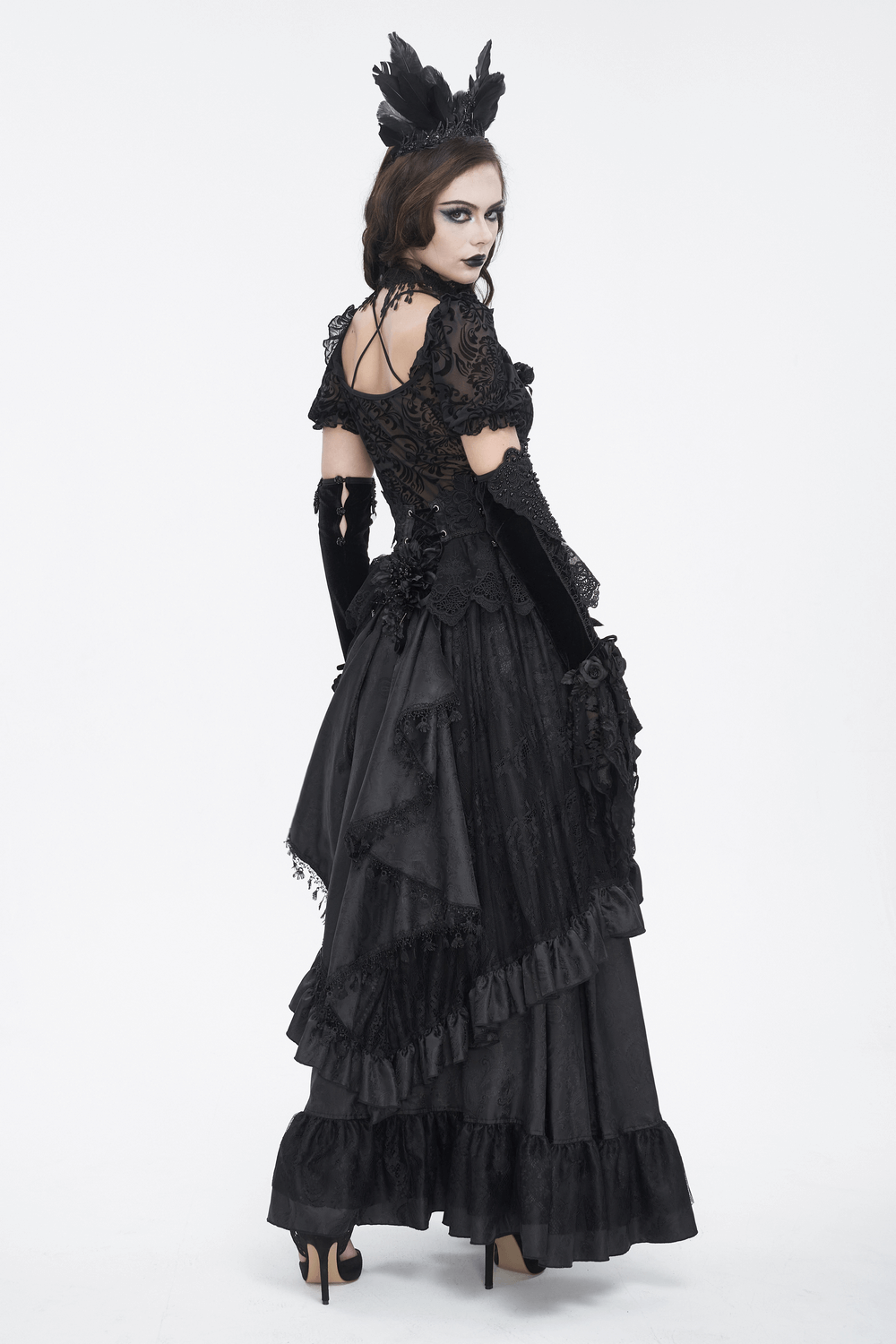Elegant Gothic Victorian skirt showcasing intricate lace, dramatic ruffles, and a romantic silhouette.