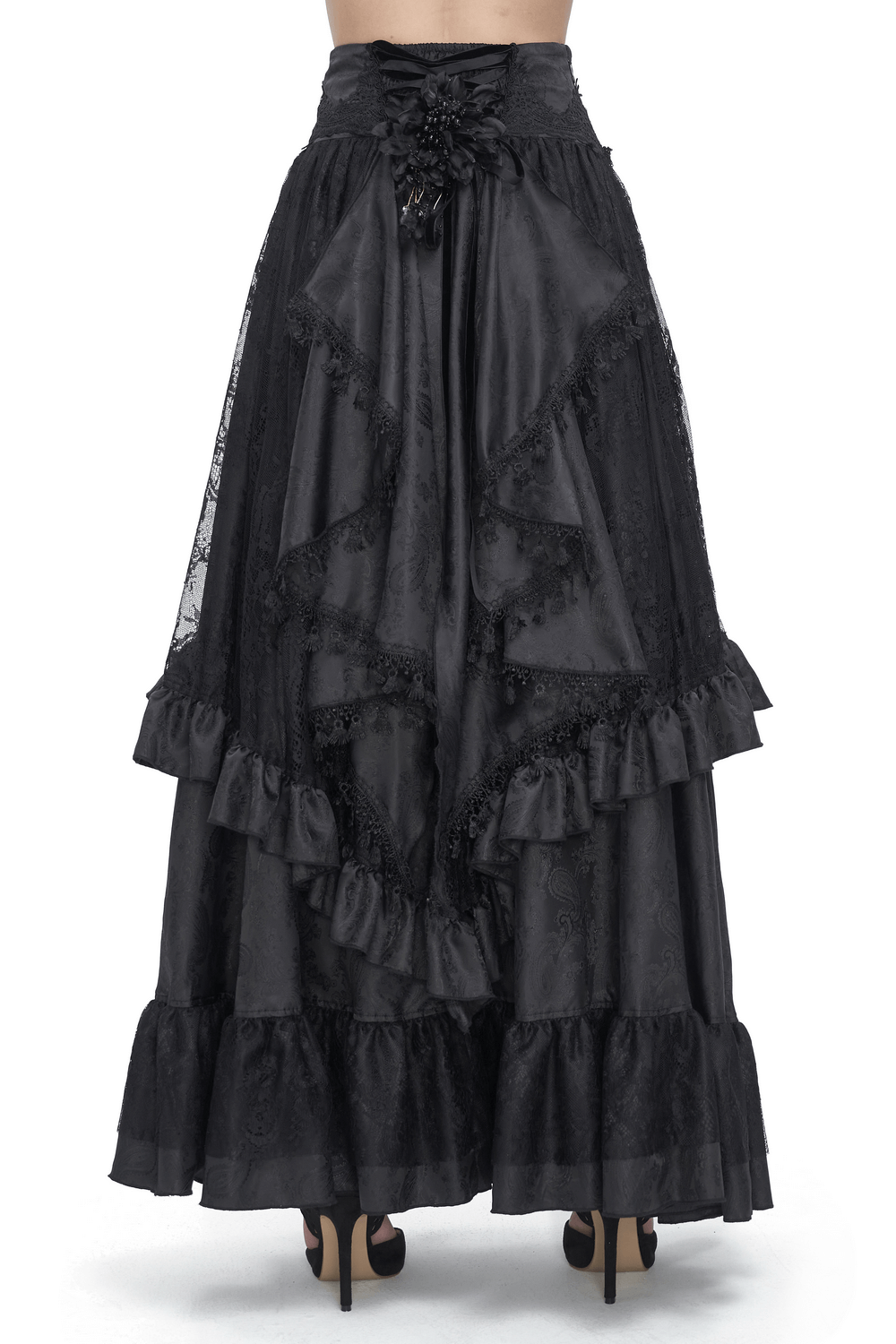 Elegant Gothic Victorian black lace skirt with dramatic ruffles and floral details, perfect for vintage dark style.
