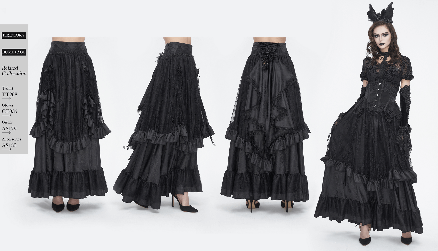 Elegant Gothic Victorian lace skirt with ruffles, showcasing layered design and floral details.