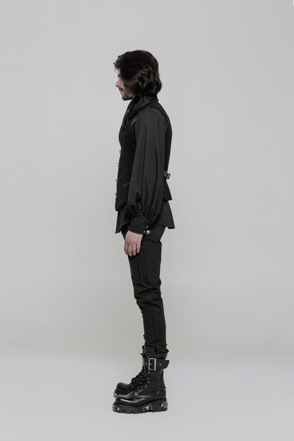 Elegant gothic Victorian waistcoat with buckles, showcasing a tailored fit in steampunk style, perfect for themed events.