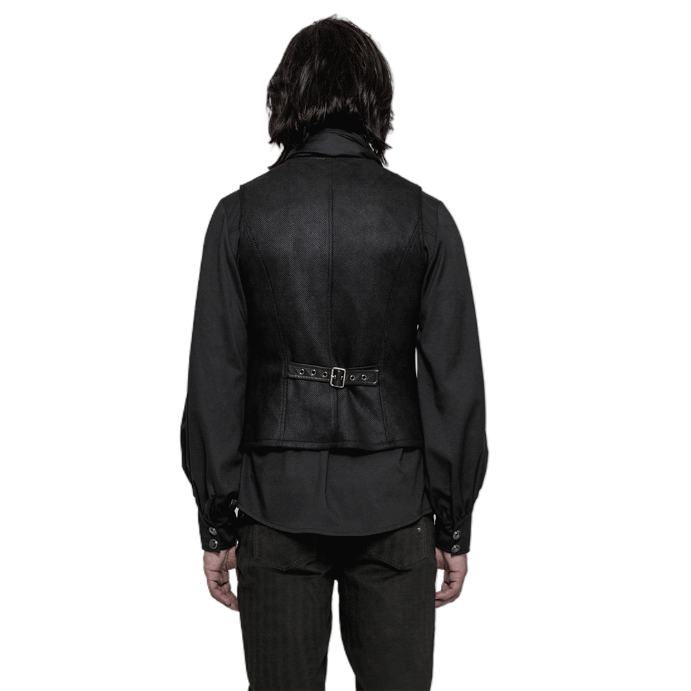 Back view of an elegant gothic Victorian waistcoat with buckle detail, perfect for steampunk fashion enthusiasts.
