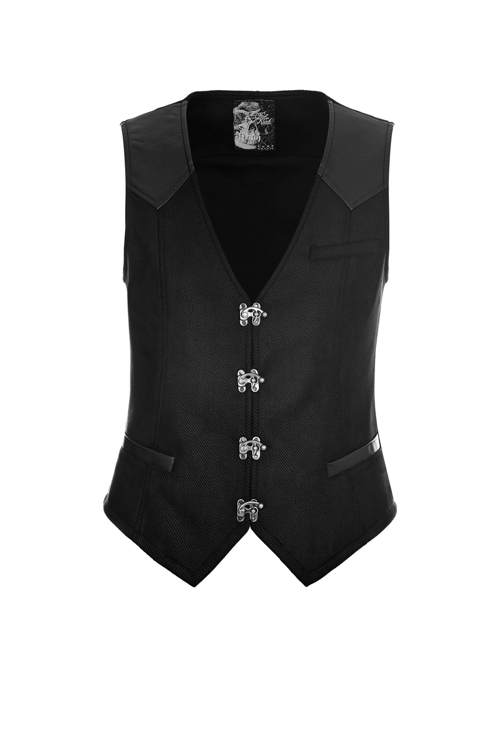 Elegant black gothic Victorian waistcoat with buckle details and tailored fit, perfect for steampunk fashion lovers.