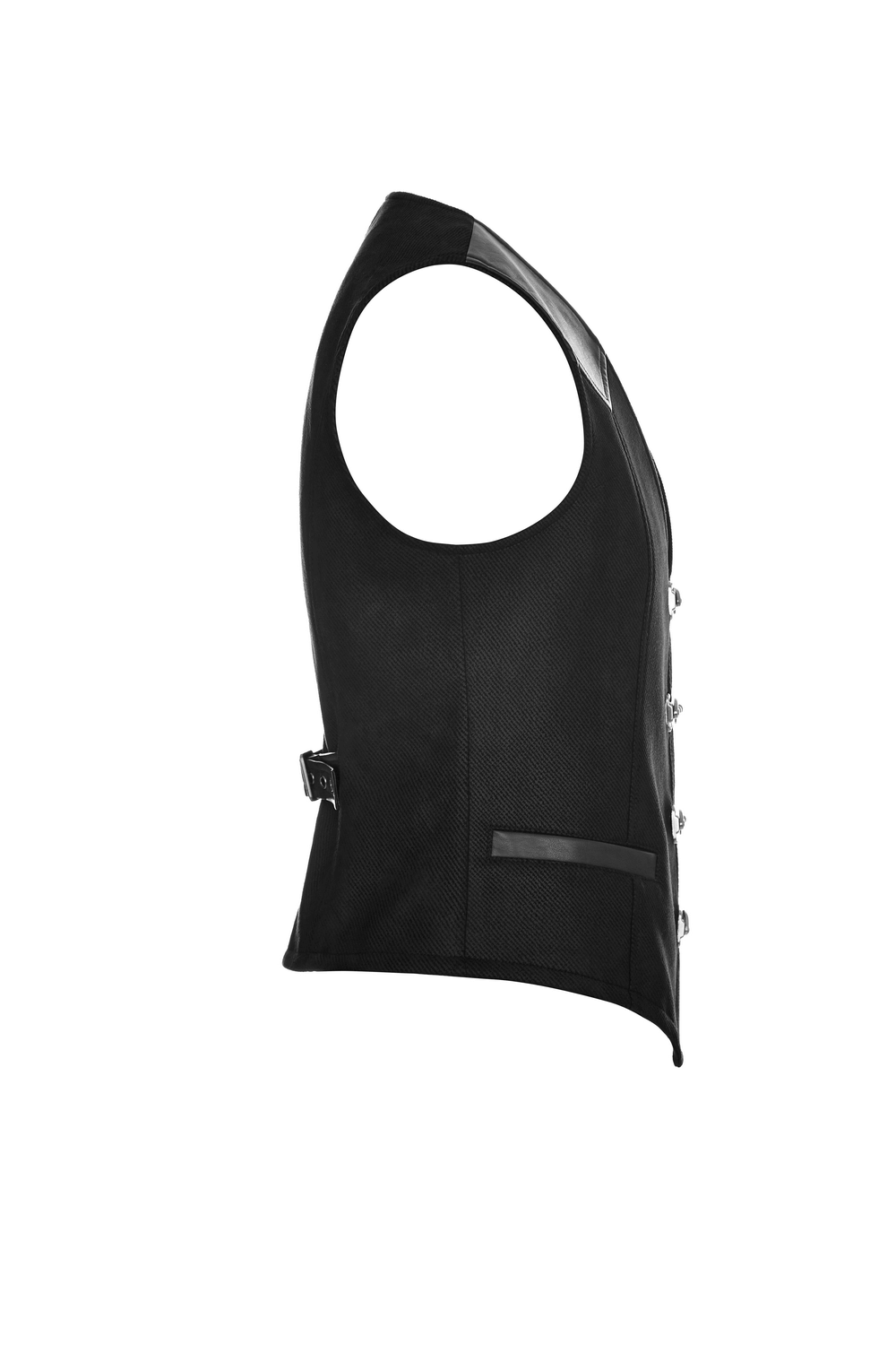 Elegant Gothic Victorian waistcoat in black with buckle detail and tailored fit, perfect for steampunk fashion.