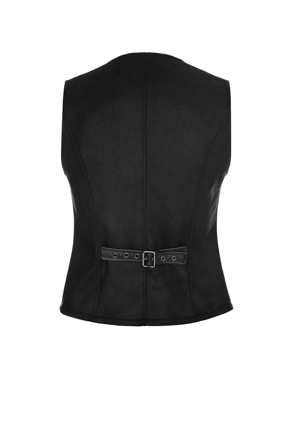 Elegant black Gothic Victorian waistcoat back view with adjustable buckles detail, perfect for steampunk fashion.