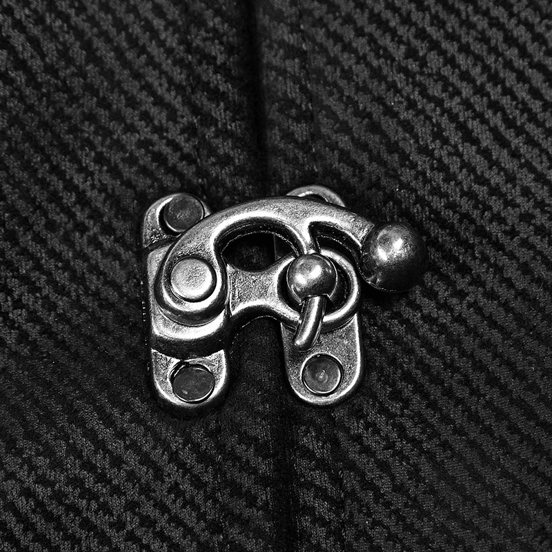 Close-up of the vintage-inspired buckle detail on a gothic Victorian waistcoat, showcasing its steampunk elegance.