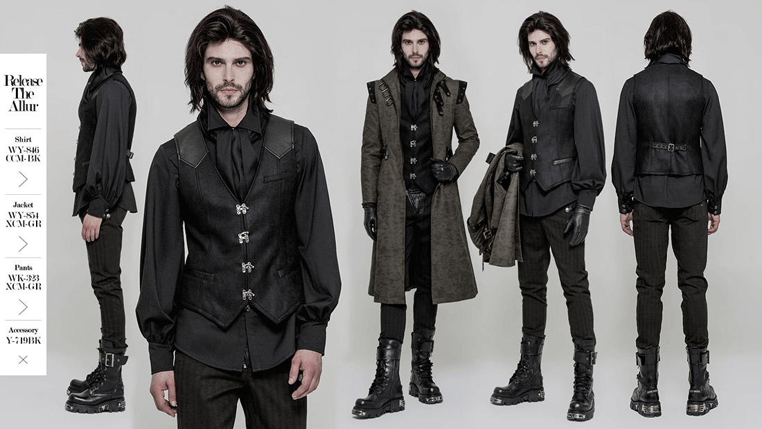 Elegant gothic Victorian waistcoat with buckles, showcasing vintage steampunk style and tailored fit on model.