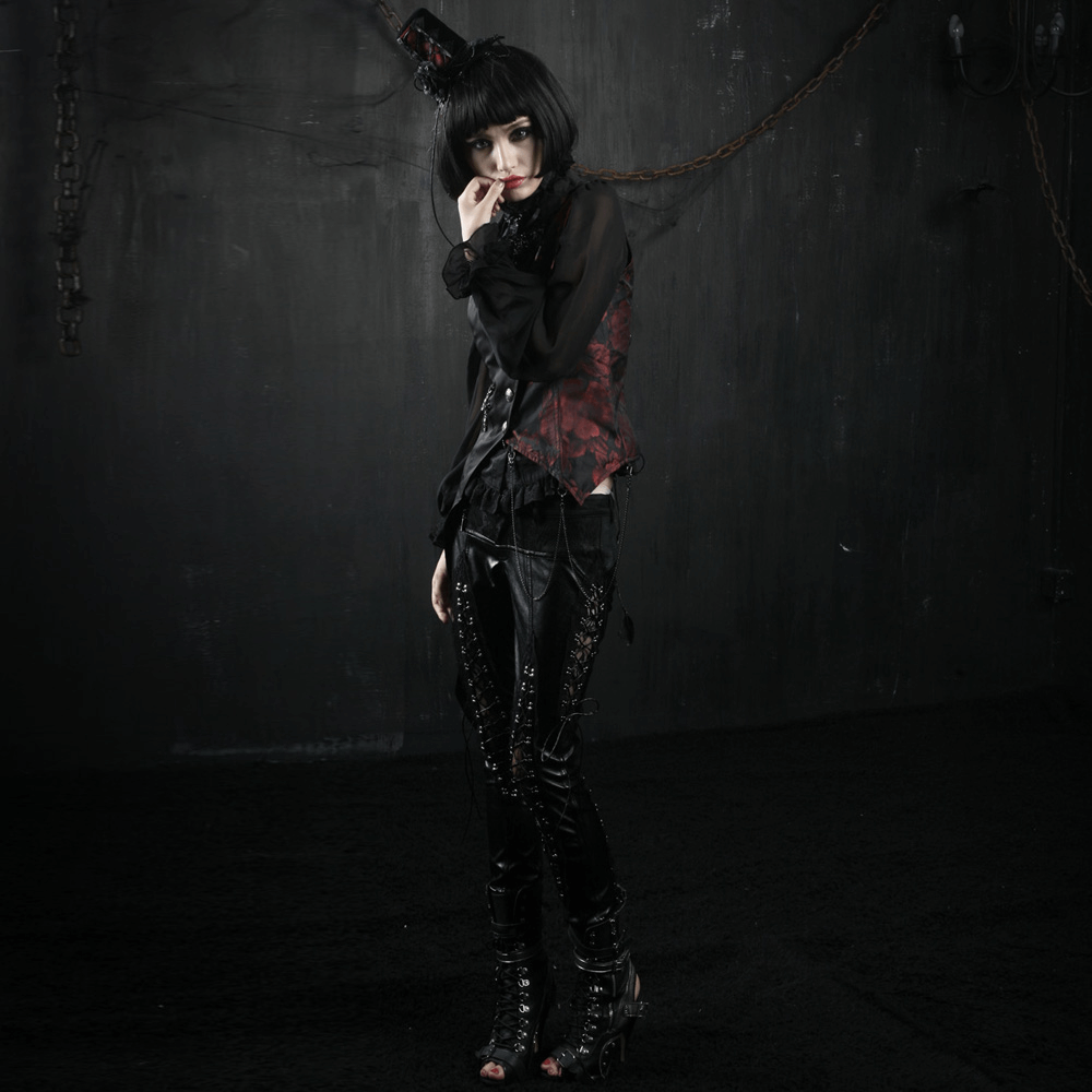 Elegant Gothic women's asymmetrical black-red waistcoat styled with a dramatic black outfit and accessories.