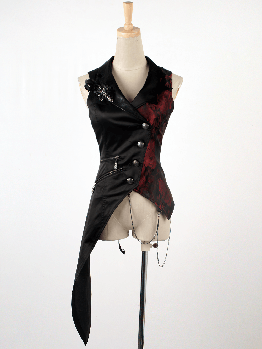 Elegant Gothic women's asymmetrical black-red waistcoat with stylish buttons and unique design.