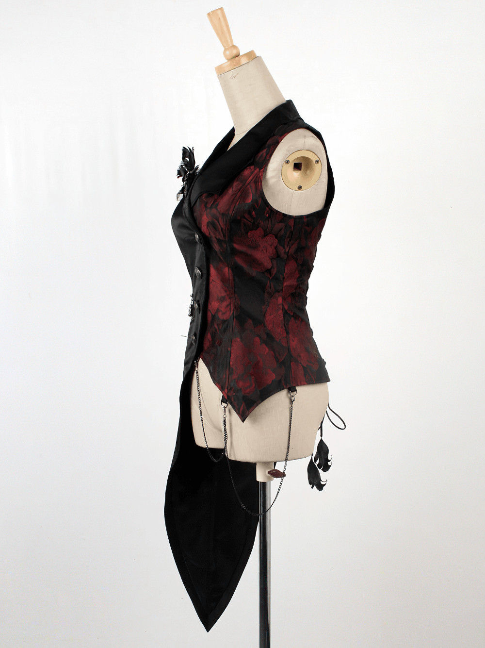 Elegant Gothic women's asymmetrical black-red waistcoat with floral design and unique silhouette.