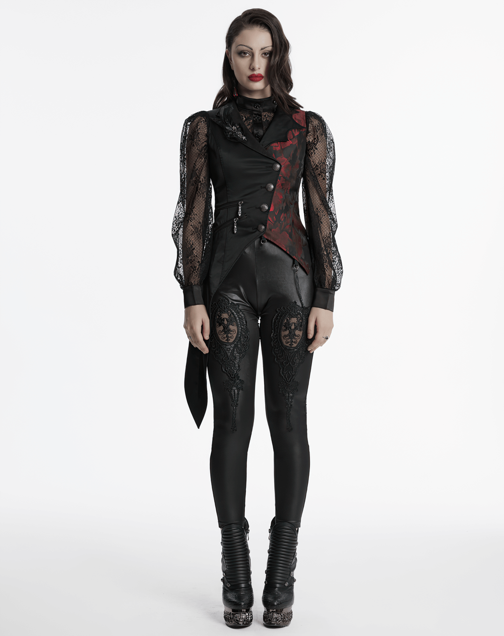 Elegant Gothic women's asymmetrical black-red waistcoat paired with lace sleeves and leather pants, exuding dark charm.