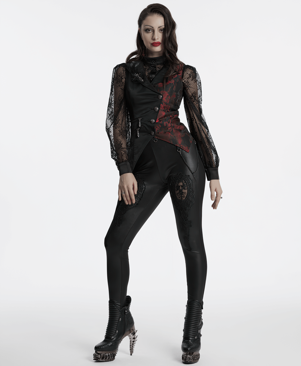 US SALE of Elegant Gothic Women's Asymmetrical Black-Red Waistcoat