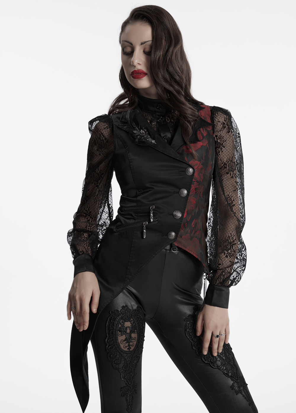 Elegant Gothic women's asymmetrical black-red waistcoat with lace sleeves and stylish detailing.