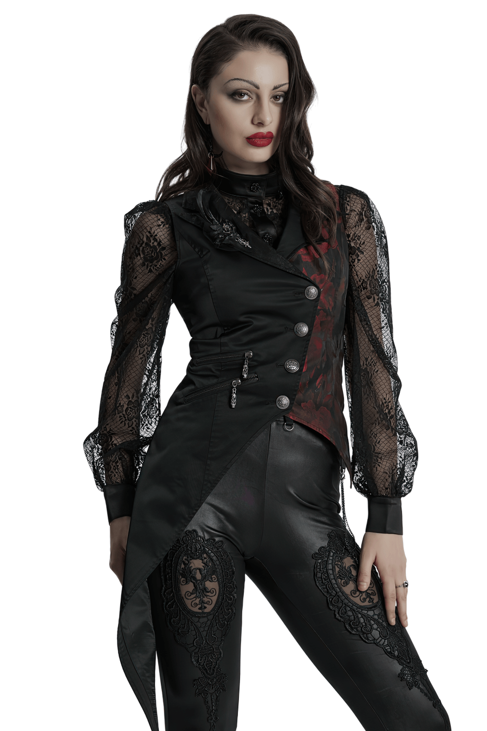 Elegant gothic women's asymmetrical black-red waistcoat with lace and buttons, perfect for a stylish statement.