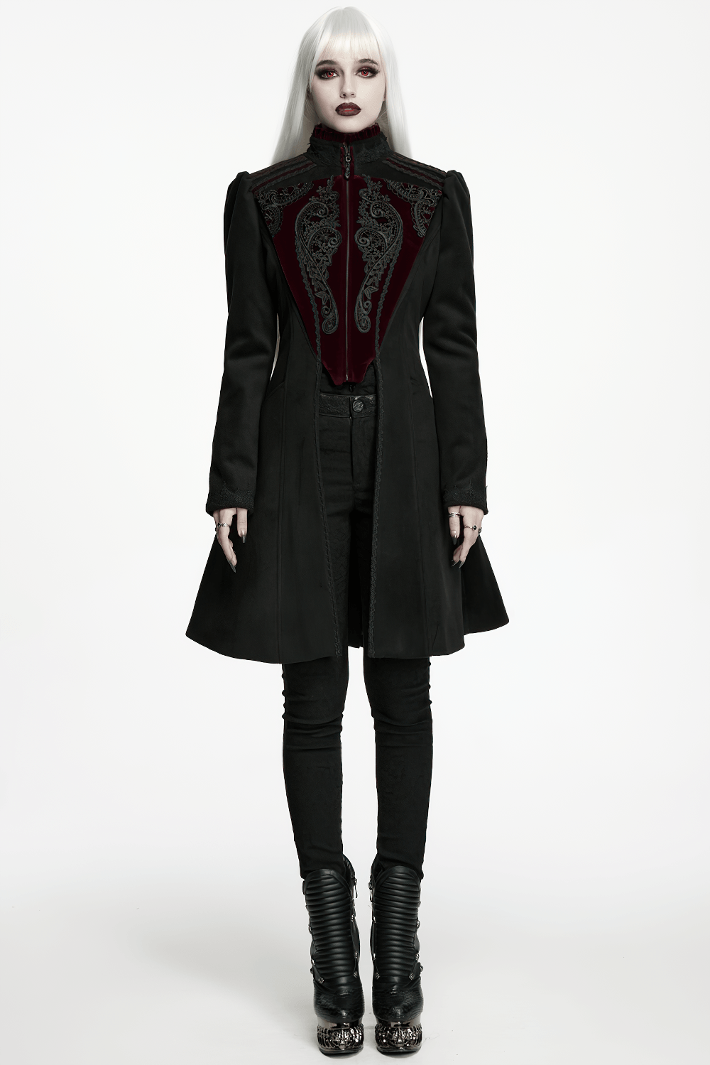 Elegant Gothic Wool Coat with Velvet Applique Detail showcased on model with puff shoulders and ornate appliqué design.