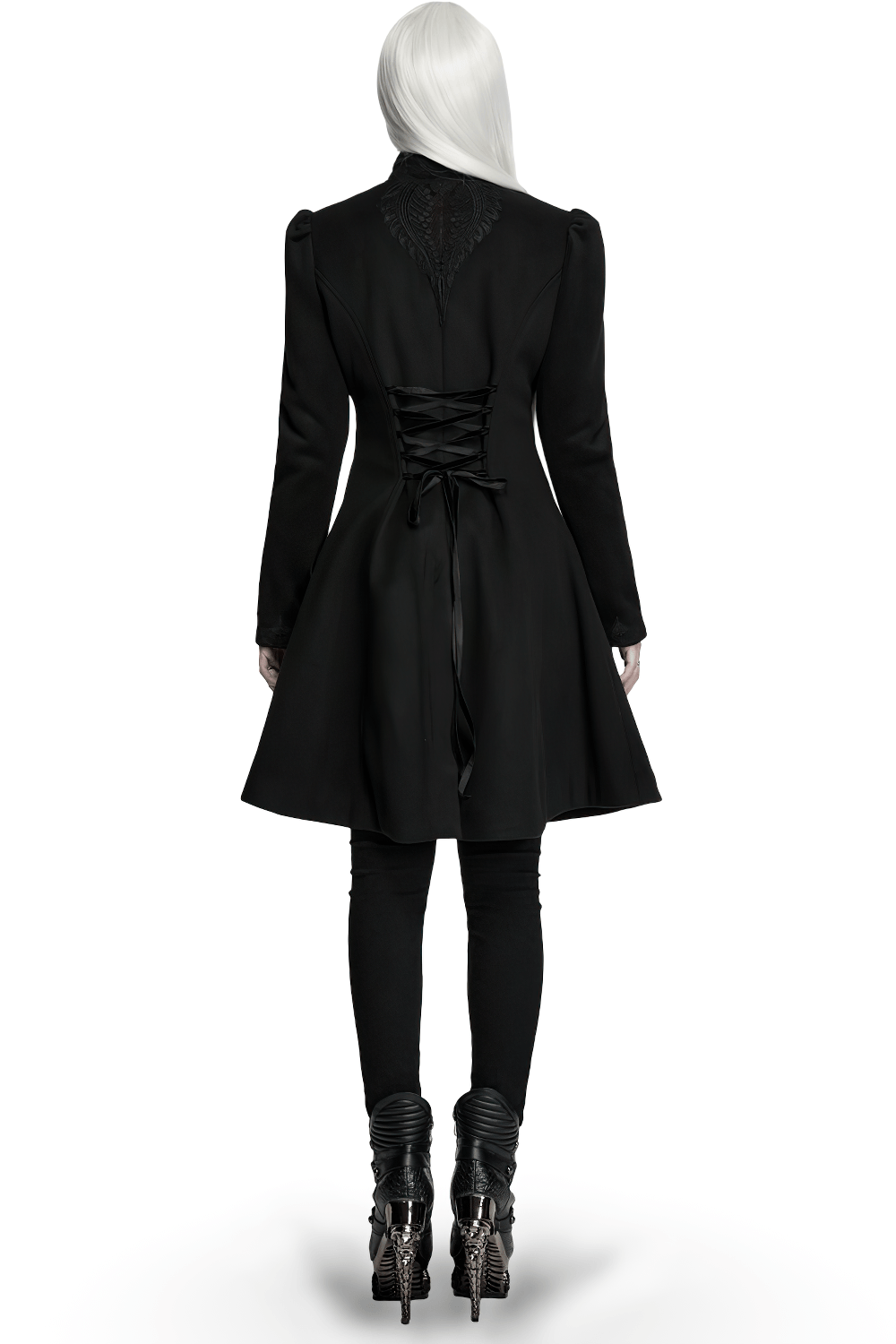 Elegant Gothic Wool Coat with Velvet Applique Detail, back view with intricate lace detailing and cinched waist.
