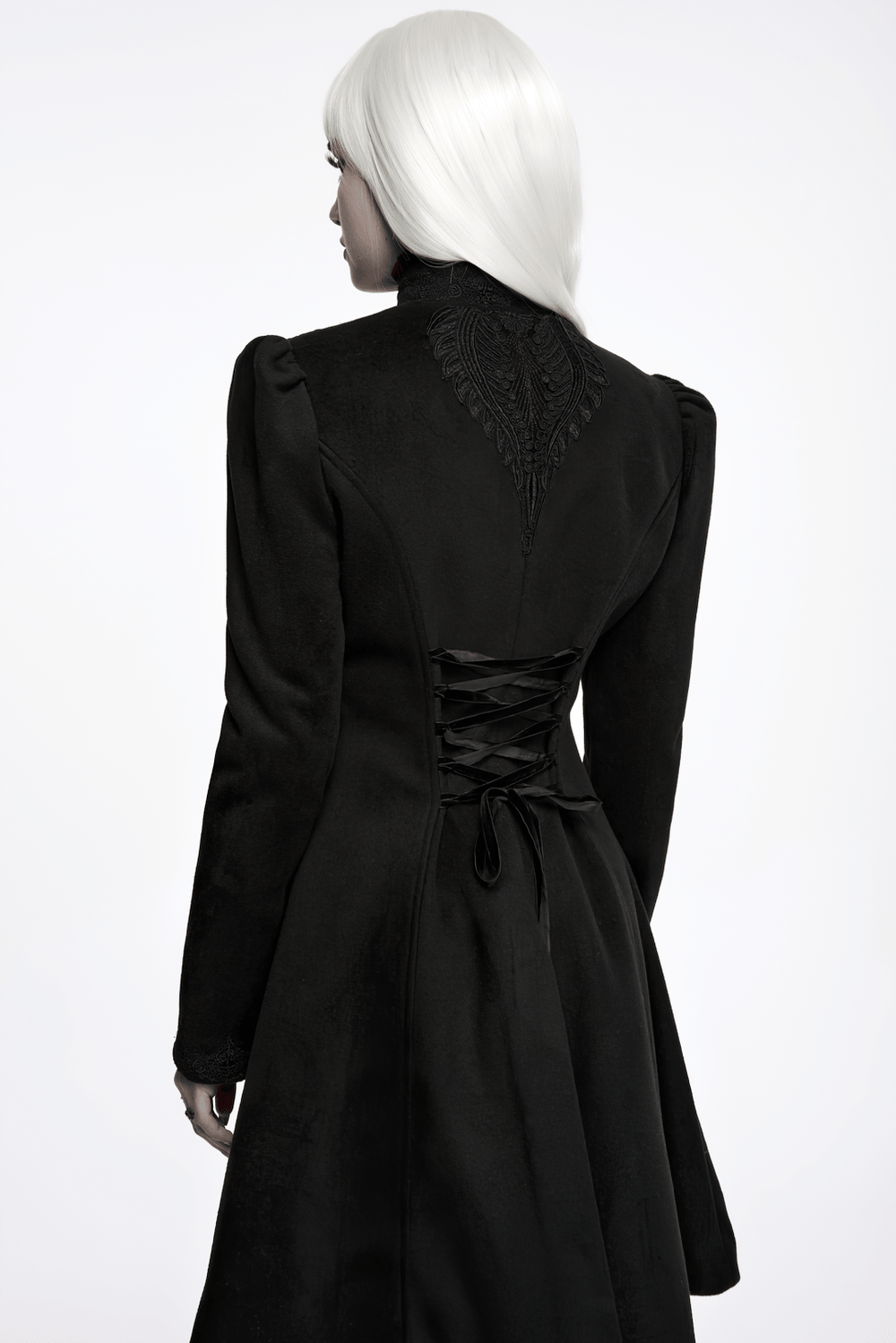 Elegant Gothic Wool Coat with Velvet Applique Detail showcasing intricate back lace detail and puff shoulders.