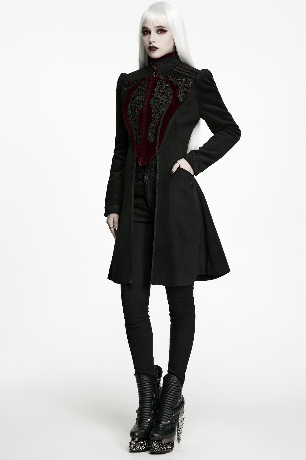 Elegant Gothic Wool Coat with Velvet Applique Detail showcased by model with puff shoulders and ornate design.