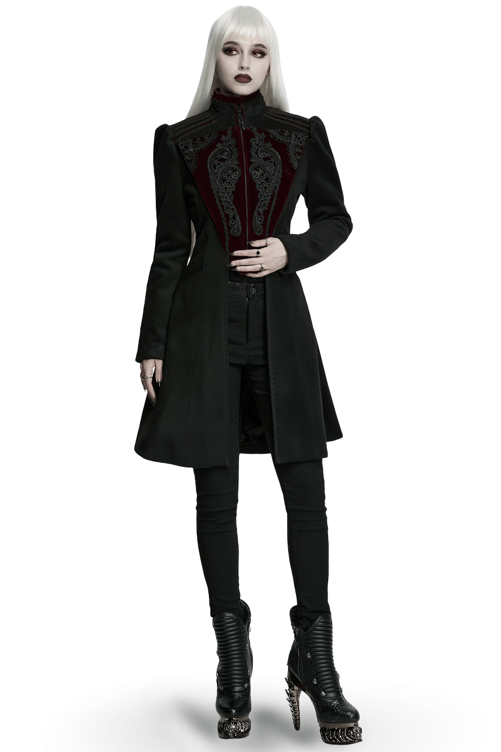 Elegant Gothic Wool Coat with Velvet Applique Detail worn by a model with striking black attire and bold accessories.