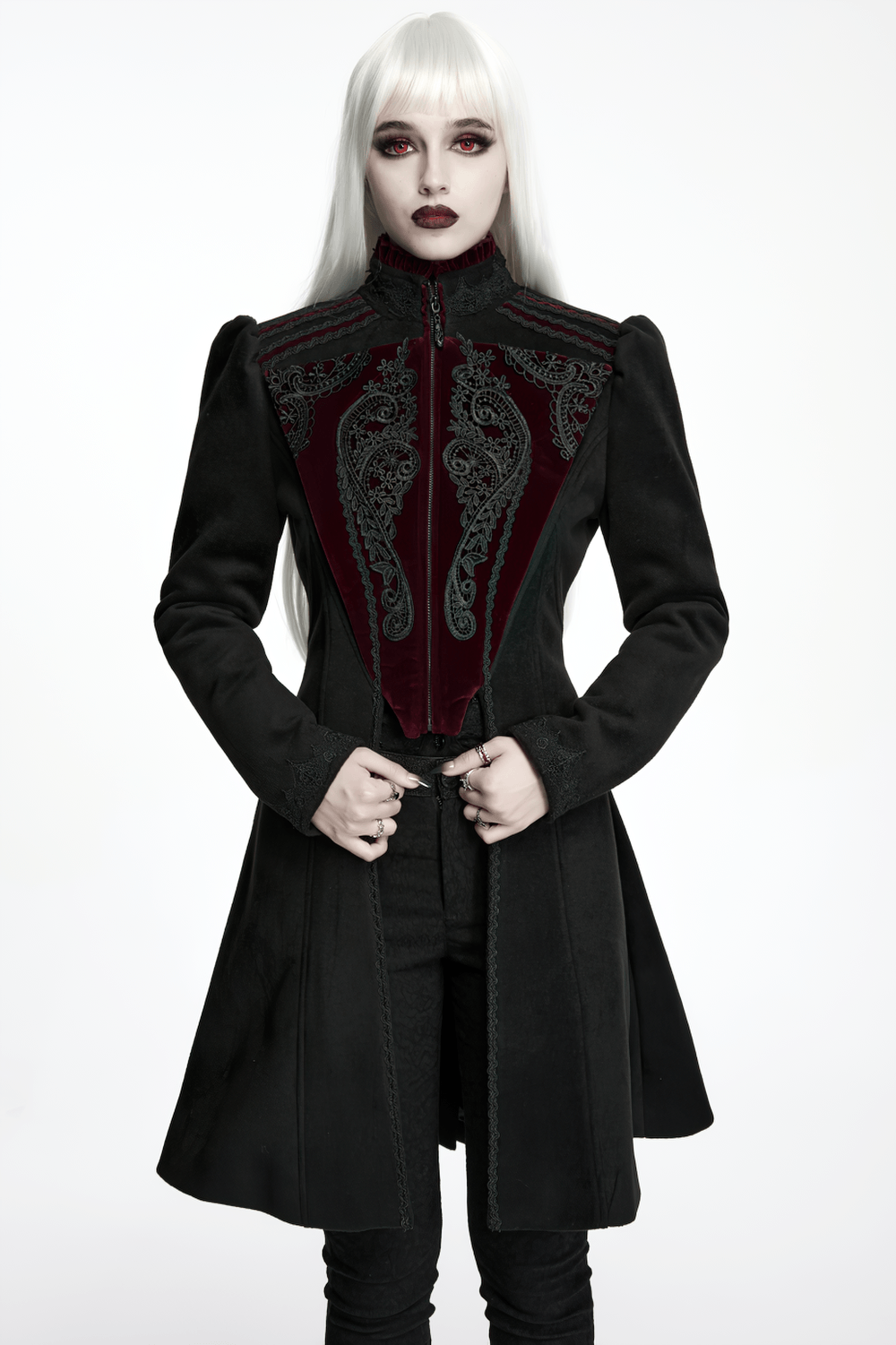 Elegant Gothic Wool Coat with Velvet Applique Detail worn by a model with silver hair and dramatic makeup.