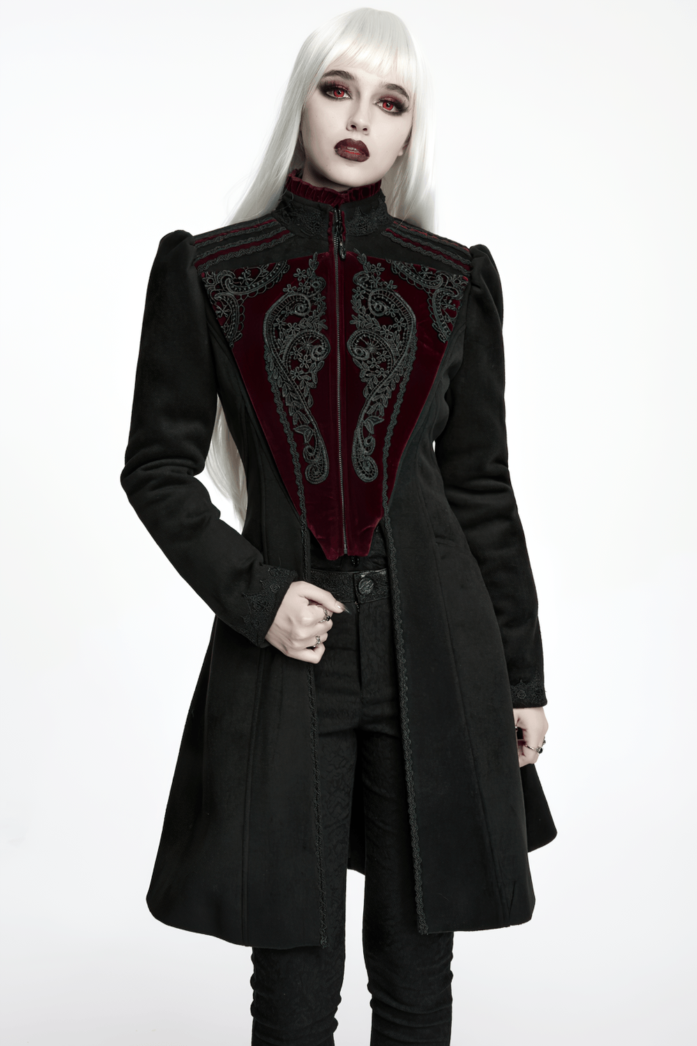 Elegant Gothic Wool Coat with Velvet Applique Detail worn by a model with a striking look.